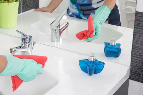 Warning signs placed to reduce slip risks during carpet cleaning