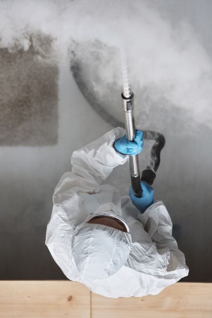 A person wearing black gloves is using a handheld steaming tool to deep clean and sanitize a dark gray fabric sofa in a well-lit living room. The sofa has a modern design with a high backrest and wide
